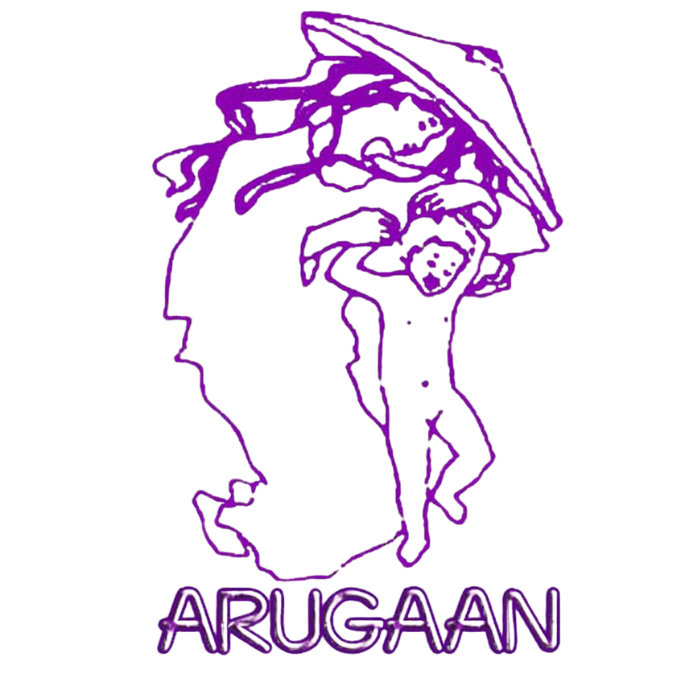 Purple outline of a person holding an umbrella with 'ARUGAAN' text on a white background